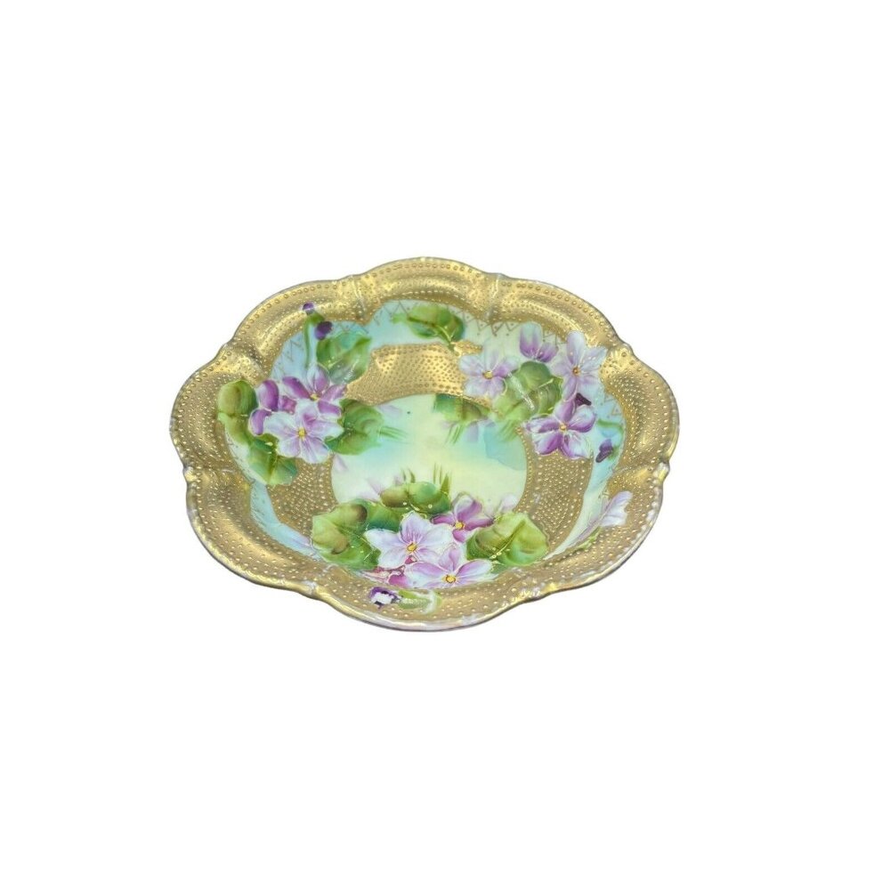 Antique Nippon Hand Painted Moriage Berry Bowl Purple Floral Gold Gilt 6” Bowl 1